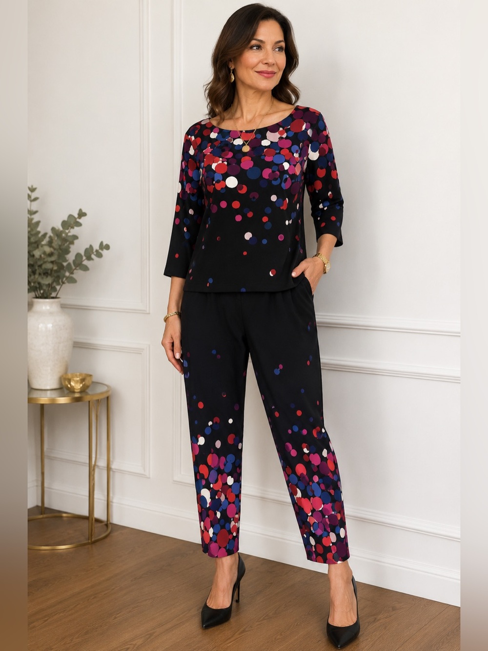 Trina Turk Black and Multicolor Polka Dot Pants & Top Set